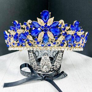 Blue Crystal Tiara, Bridal Wedding Crown, Gold Prom Tiara, Quinceanera Crown